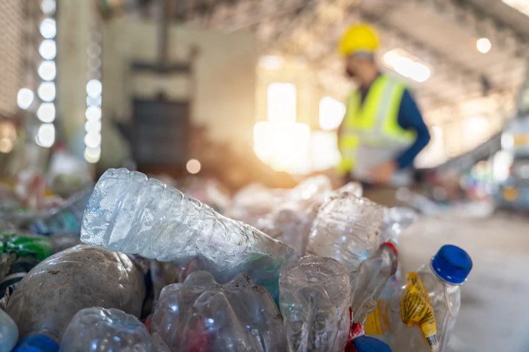 Bouteilles de plastique devant un ouvrier dans un chantier.