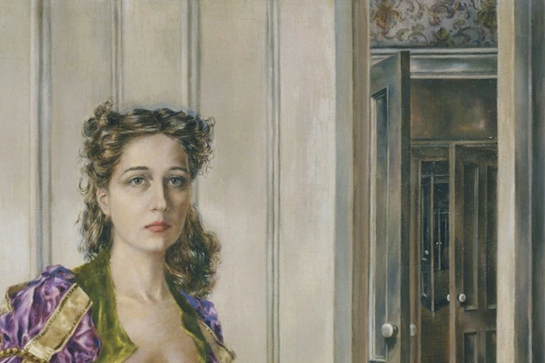 Vertical oil painting of woman with fantastical creature at her feet in the foreground and a series of open doors in the background