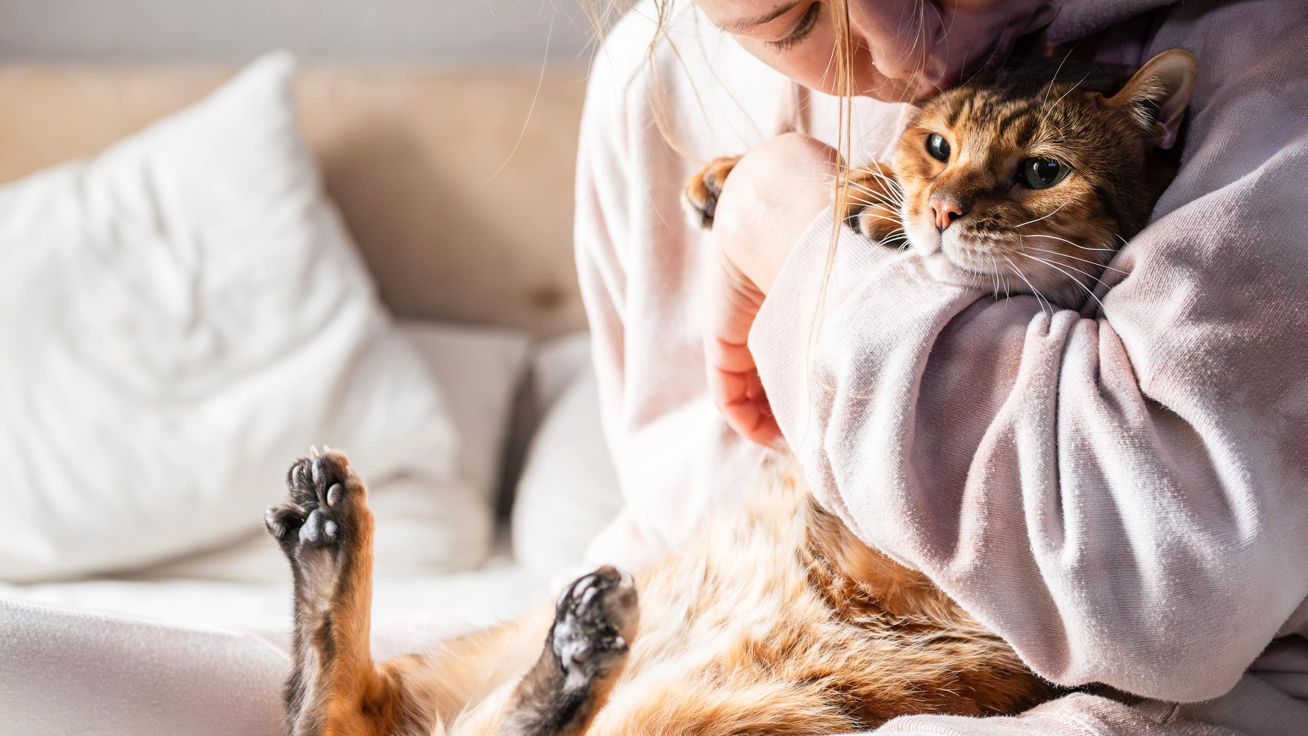 Mulher abraçando um gato