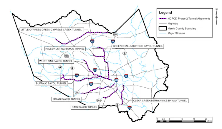 A map of Harris County, Texas, shows the estimated routes of proposed stormwater tunnels.