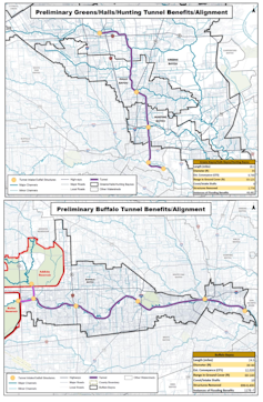 A pair of maps show possible tunnel routes.