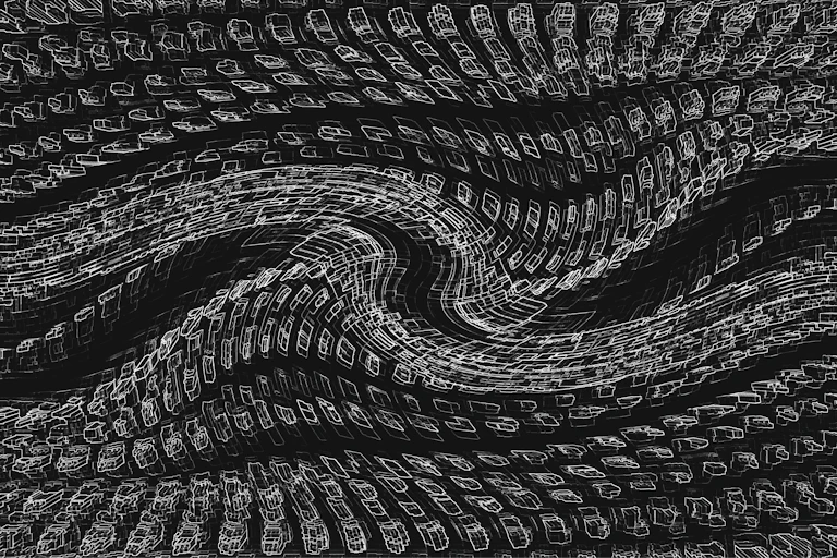 white abstract figures repeated in a pattern on a black background
