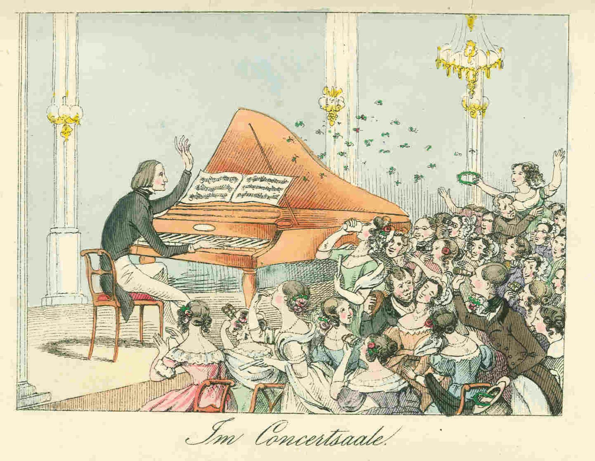 Men and women swoon as Liszt plays on stage.