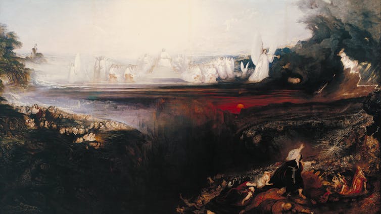 Painting: On a throne in the heavens sits Christ in judgement. Below on the right the forces of evil, commanded by Satan.