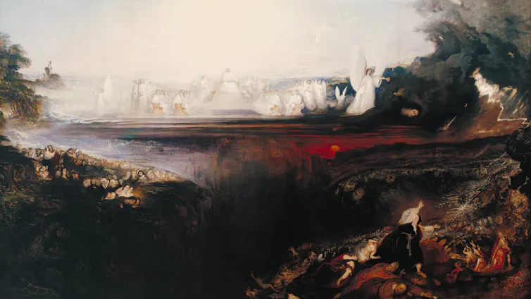 Painting: On a throne in the heavens sits Christ in judgement. Below on the right the forces of evil, commanded by Satan.