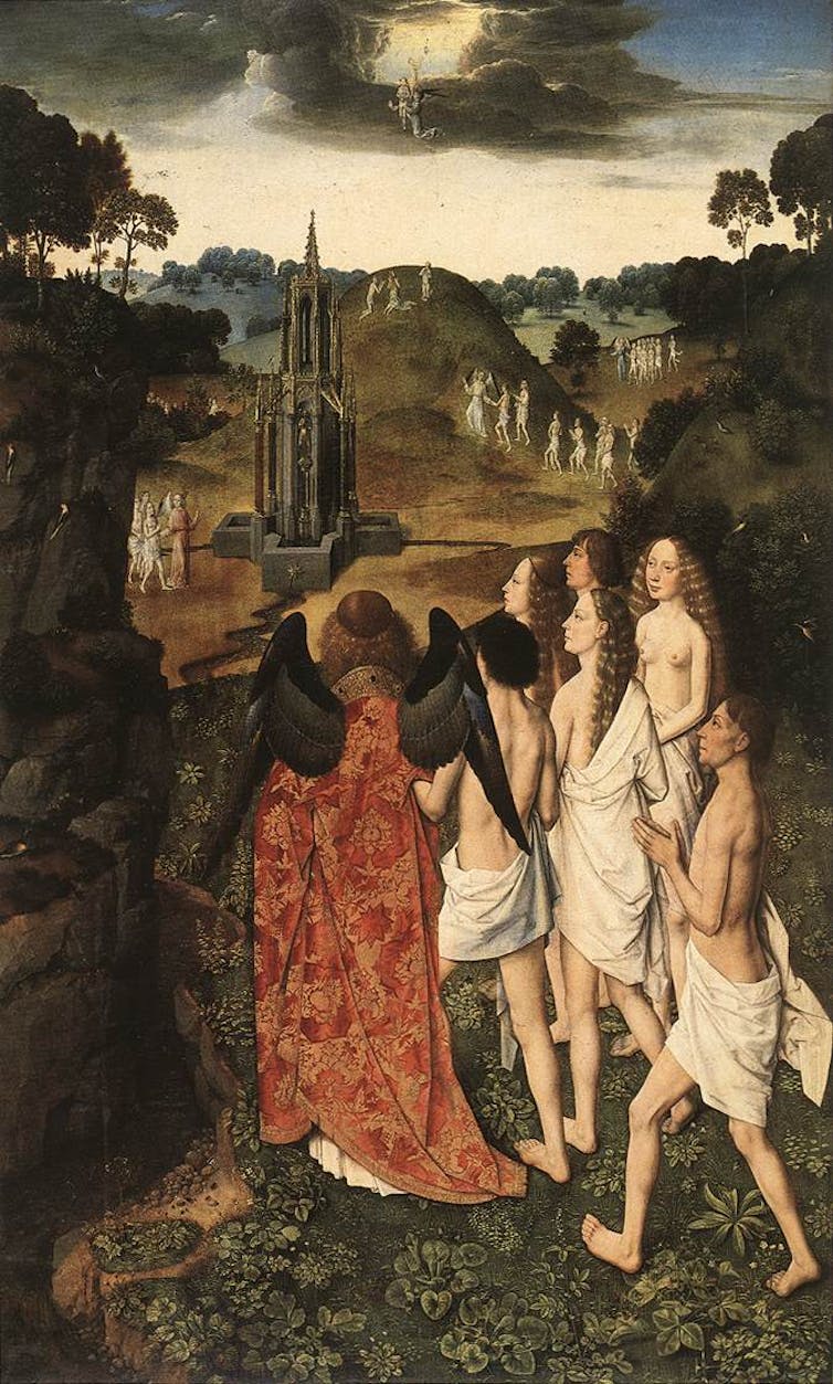 An angel in a red robe guides 'the elect' toward the 'fountain of life' described in Revelation.