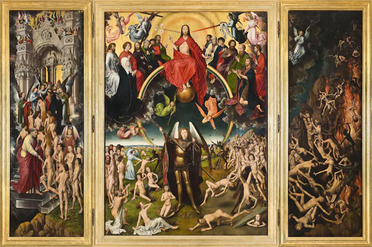 a triptych depicts Last Judgment during the second coming of Jesus Christ.