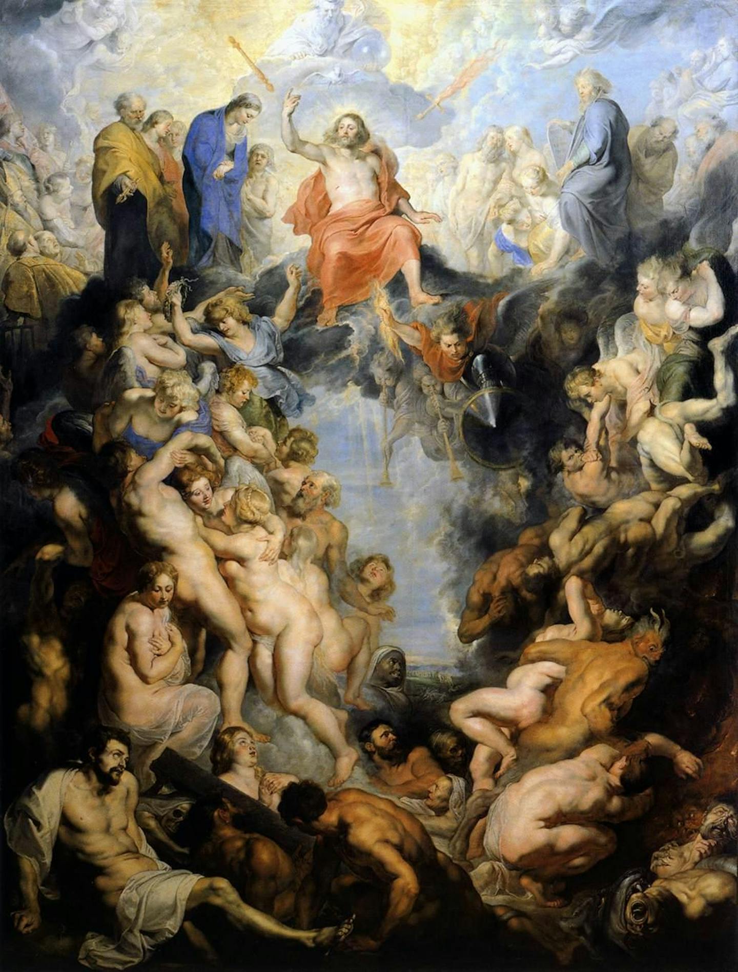 God at the top centre and Jesus below him. Rising up the left-hand side of the painting are the blessed, the damned fall into hell on the right-hand side.