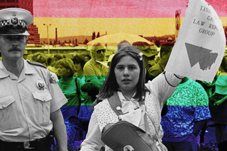 Gay law reform supporter, Lee-Gwen Booth, being arrested at Salamanca Market