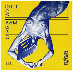 A Buzzcocks album cover in yellow and blue showing a naked woman upside with an iron for a head.