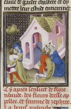 Miniatura en un documento medieval con hombres besando a mujeres.