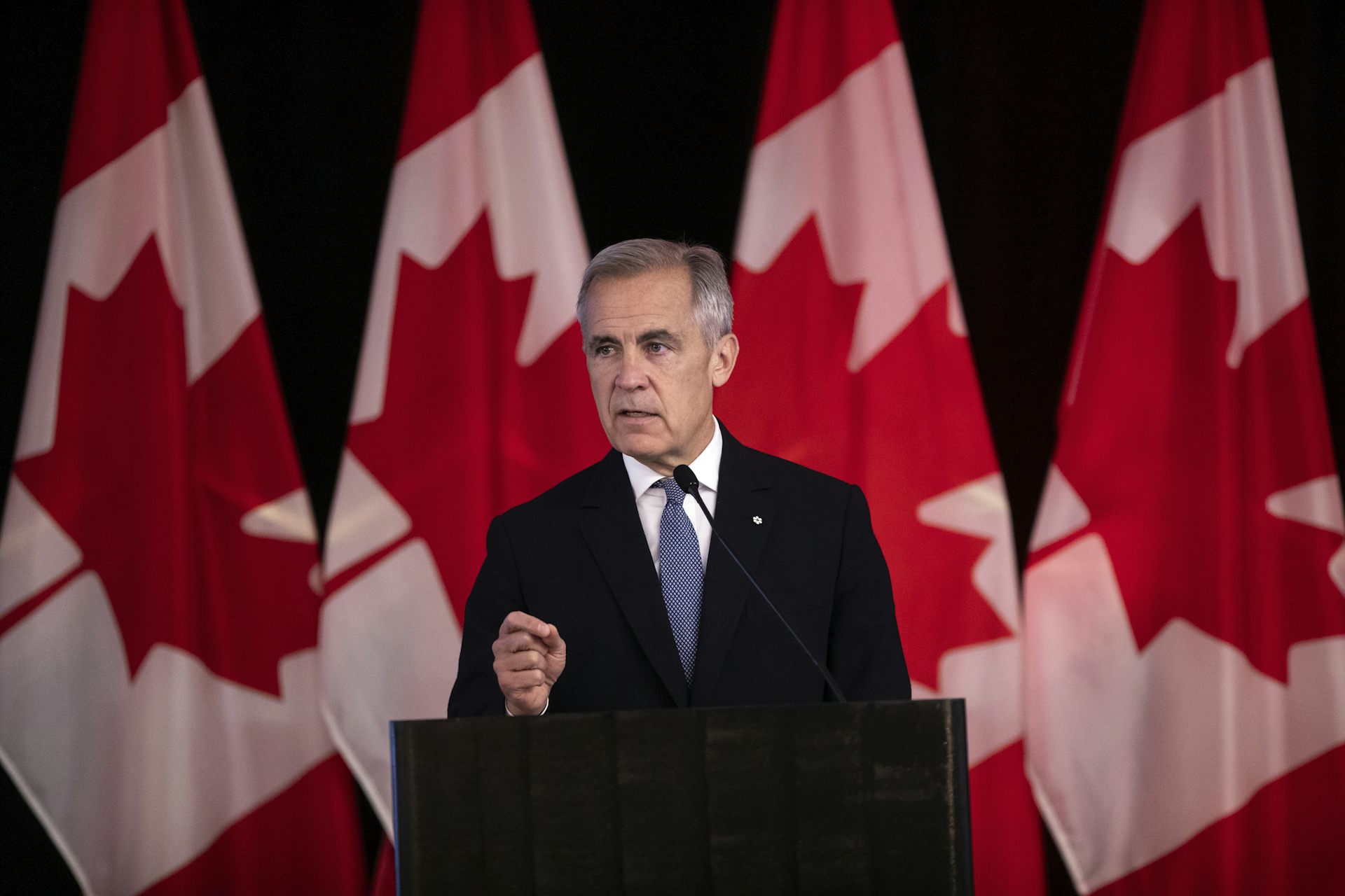 A man in a dark suit speaking in front of a row of Canadian flags