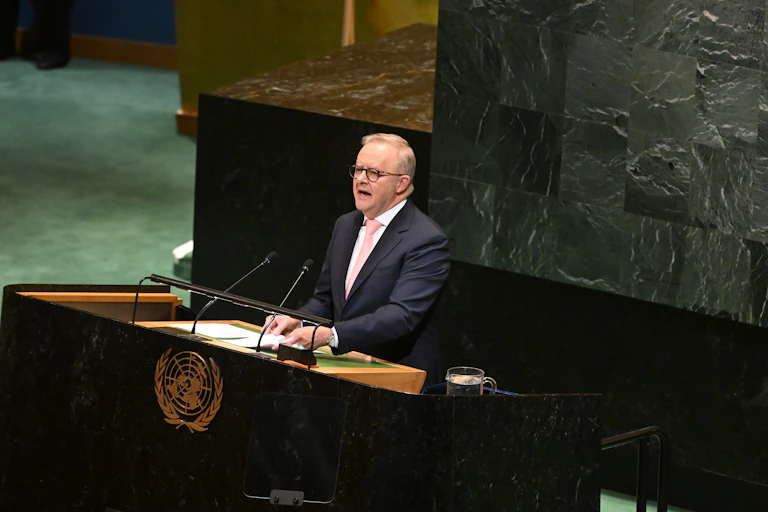Australian Prime Minister Anthony Albanese addresses the Two State Solution Conference, ahead of the 80th session of the United Nations General Assembly at UN headquarters in New York, United States, Monday, September 22, 2025.