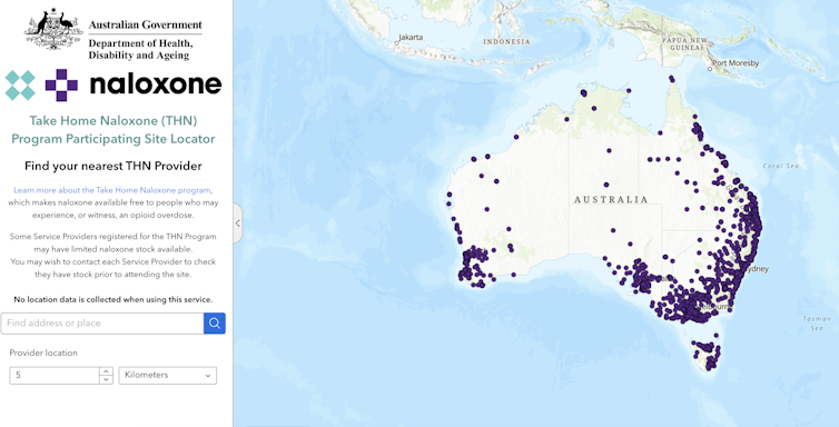 Map showing where to obtain take-home naloxone in Australia