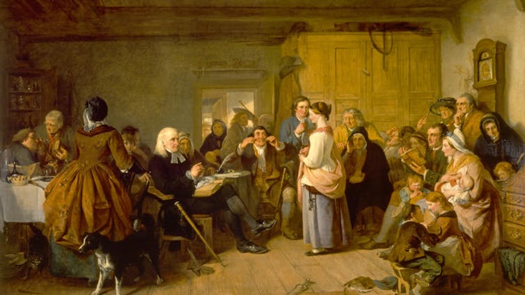 This painting shows the minister of the local kirk questioning a young parish girl about particular aspects of her Protestant faith.