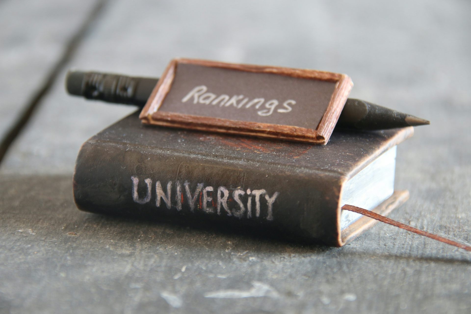 Old fashioned slate, pencil and book with the words University and Rankings