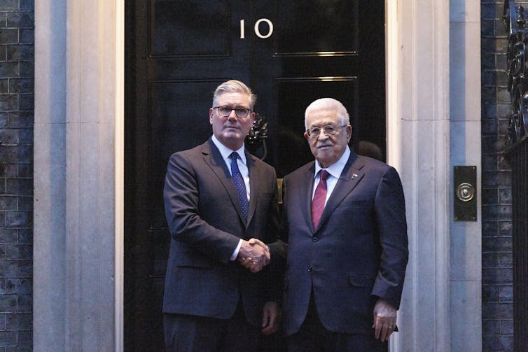 Mahmoud Abbas, president of the Palestinian Authority meets UK prime minister, Keir Starmer, in Downing Street, September 2025.