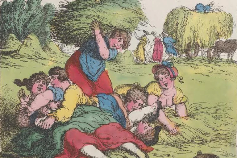 A scene in a hayfield, with two men and two girls romping on the ground, while two other girls prepare to smother them in hay. In the background at right, girls with pitchforks stand by a large wagon laden with hay.
