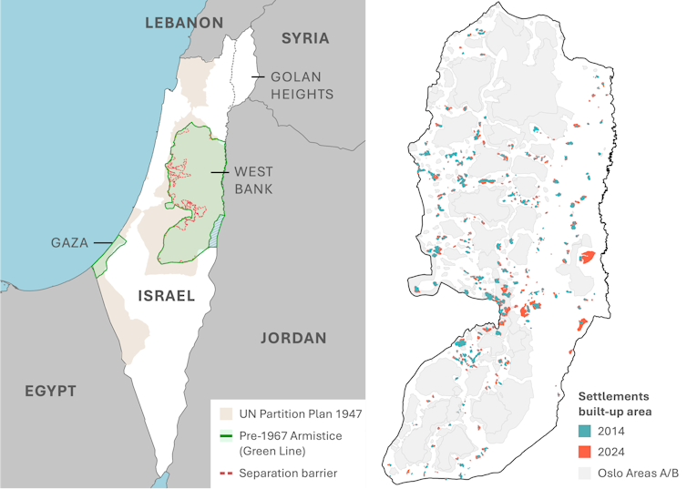 Map of Palestine showing 1967 borders on one side and settlement expansion on the West Bank on the right.