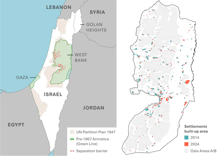 Map of Palestine showing 1967 borders on one side and settlement expansion on the West Bank on the right.