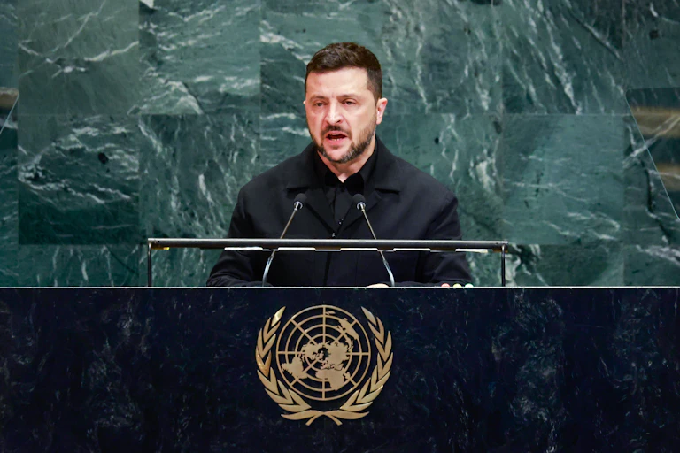 Volodymyr Zelensky speaks at the UN headquarters in New York.