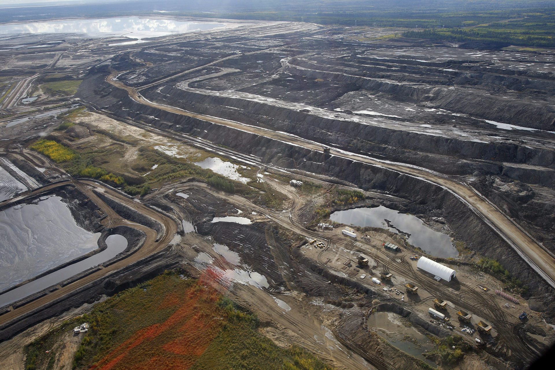 an aerial view of an oilsands mining facility