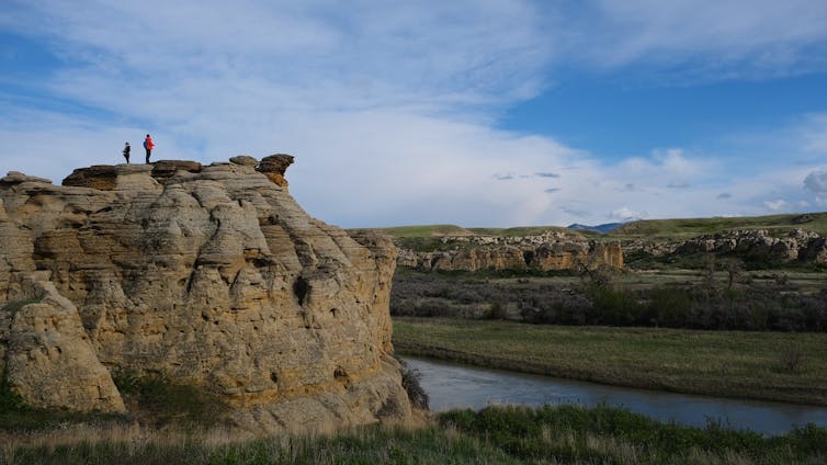 El río fluye a través del área rocosa verde