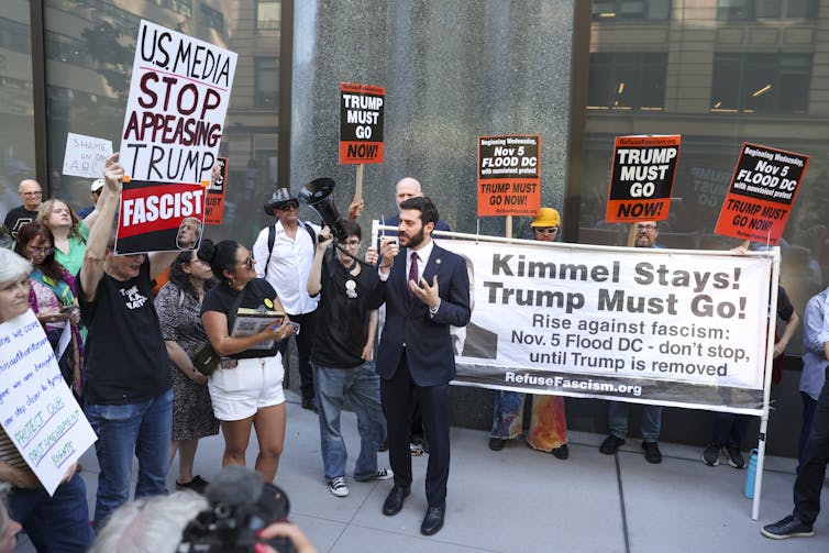 A protest outside the New York offices of ABC against the suspension of Jimmy Kimmel.