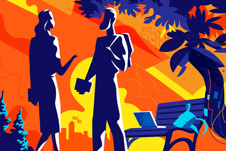 Ilustración que muestra a un hombre y una mujer hablando con un fondo de tonos naranjas, rojos y amarillos que indica calor.