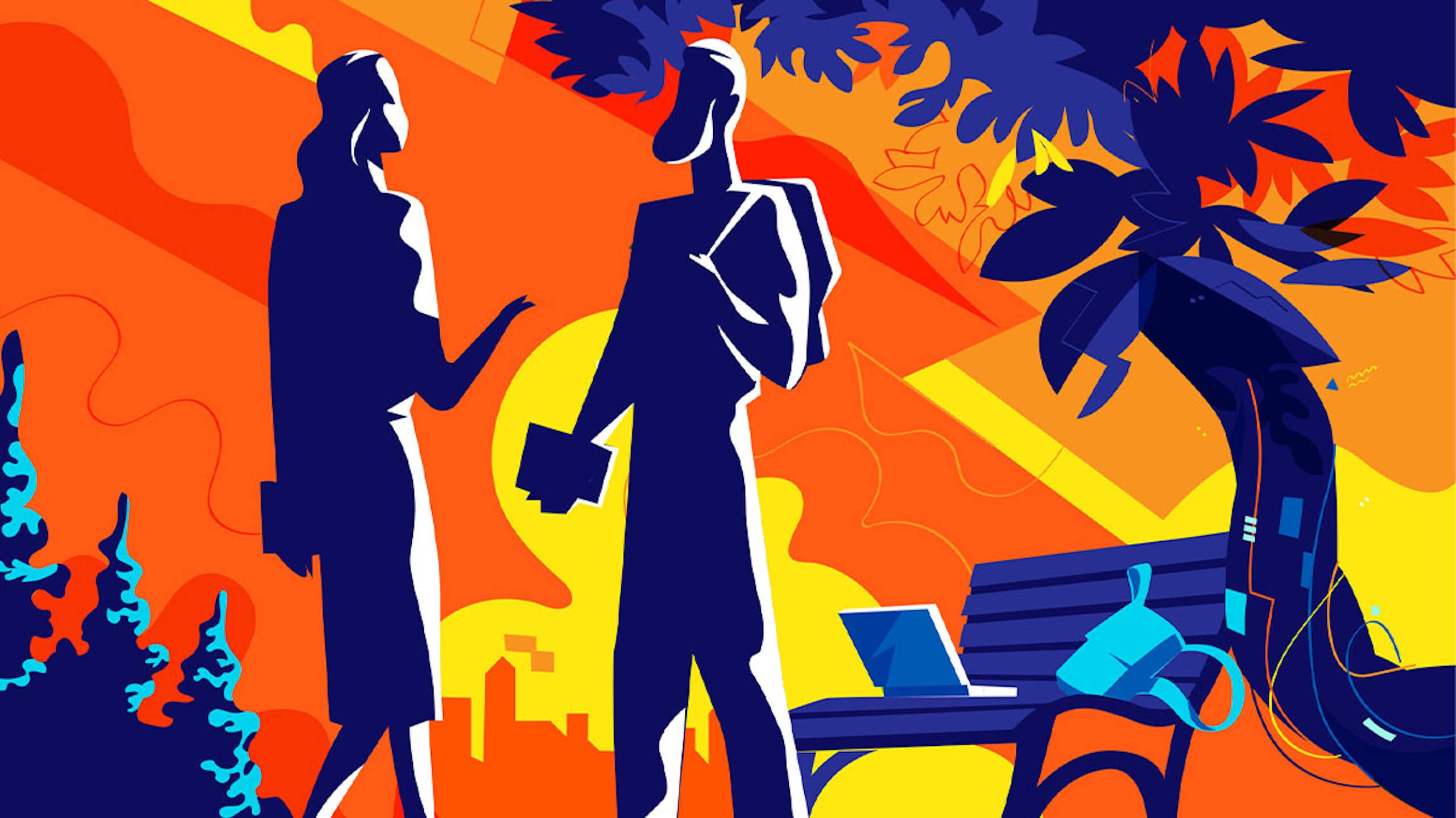 Ilustración que muestra a un hombre y una mujer hablando con un fondo de tonos naranjas, rojos y amarillos que indica calor.