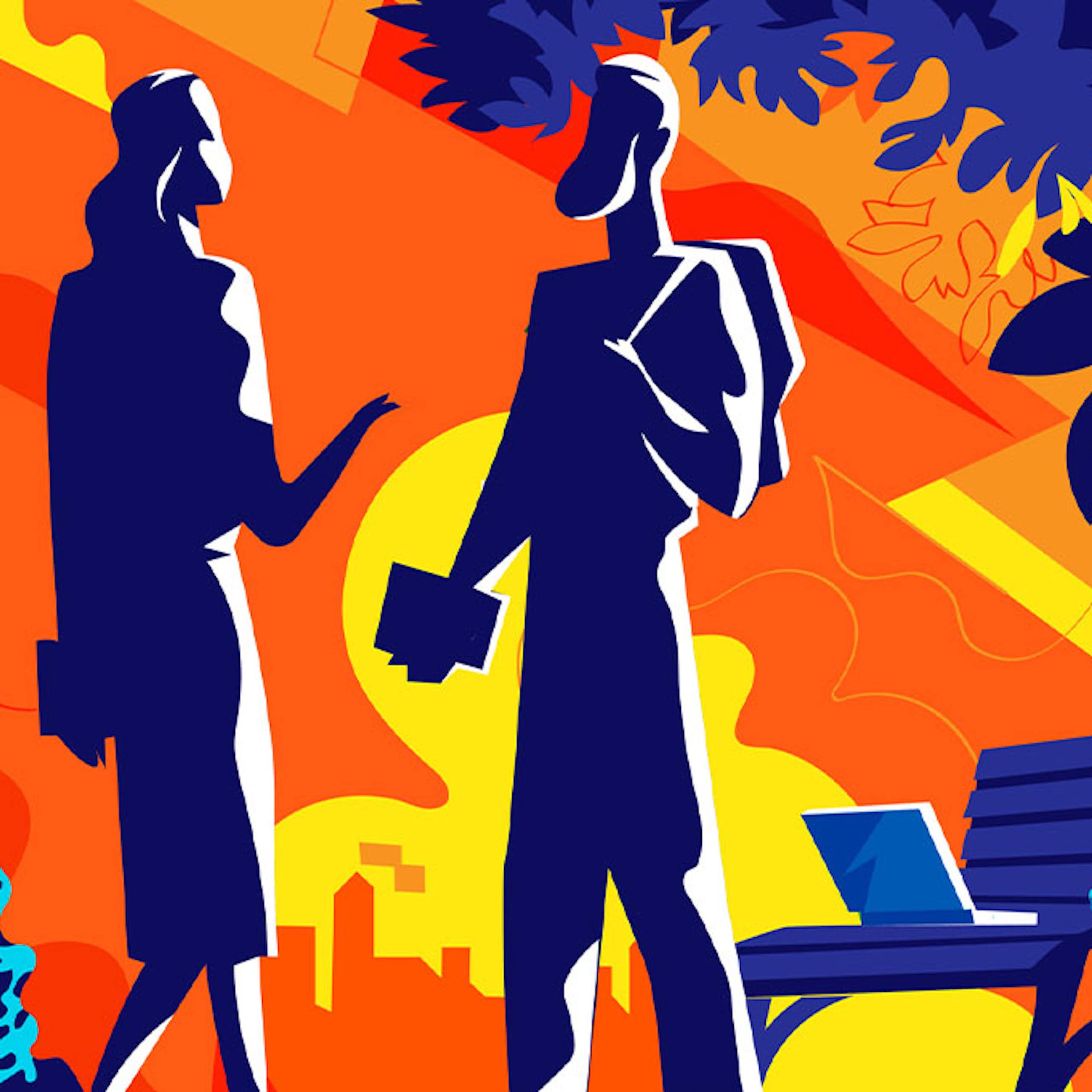 Ilustración que muestra a un hombre y una mujer hablando con un fondo de tonos naranjas, rojos y amarillos que indica calor.