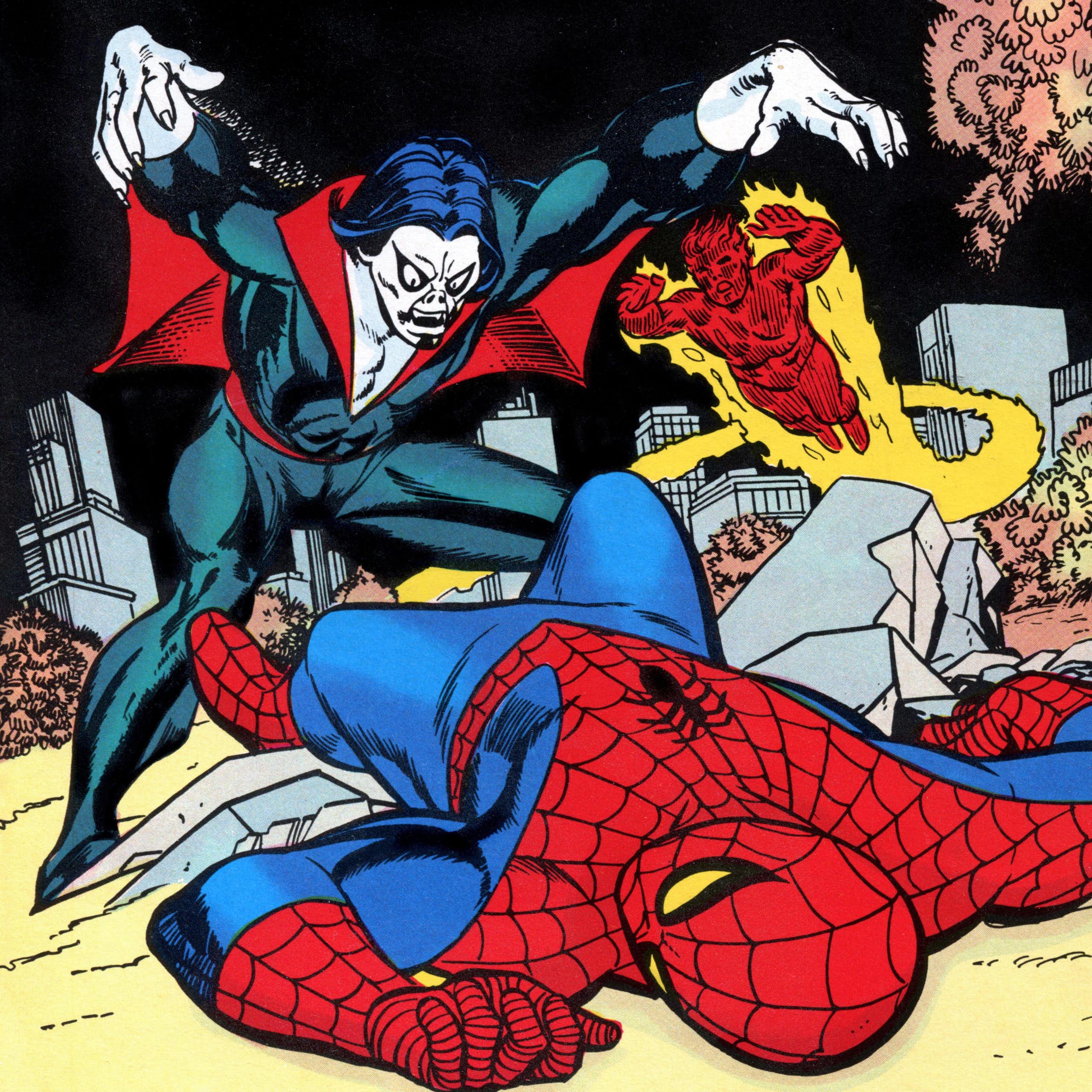 Morbius attacks Spider-Man, who lies on the floor