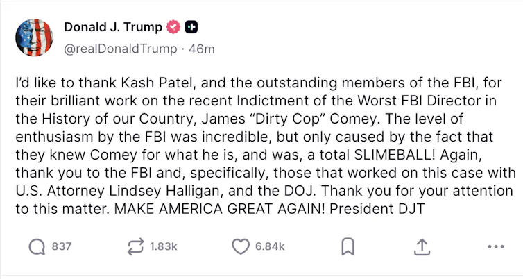 A social media post by Trump thanking current FBI director Kash Patel for his 'brilliant work' on the Comey indictment.