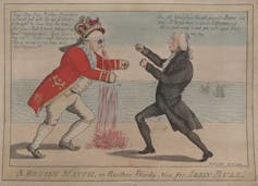 La caricatura en la que el rey de Jorge III recibe un golpe en la nariz del presidente estadounidense James Madison durante la guerra 1812. Años.