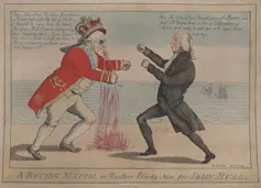 Caricatura en la que el rey Jorge III recibe un puñetazo en la nariz del presidente estadounidense James Madison durante la Guerra de 1812.