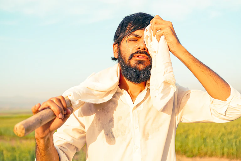 A tired Pakistani Indian farmer wipes sweat from his face with a cloth while holding a hoe, working under the scorching sun.