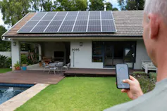 A man stands in front of a house that has solar panels on top, adjusting them with his smartphone