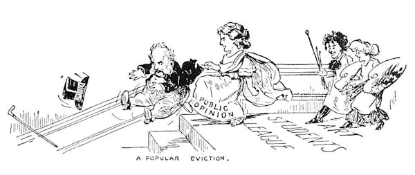Cartoon of young women booting an older man down some steps.