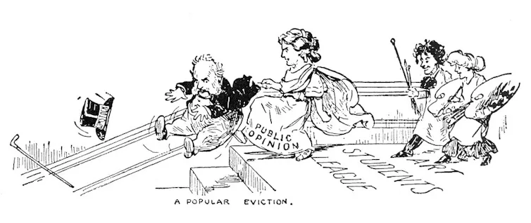 Cartoon of young women booting an older man down some steps.