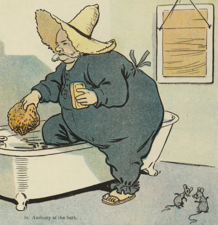 Portly man wearing a hat and a full body suit gingerly stepping into a bathtub.