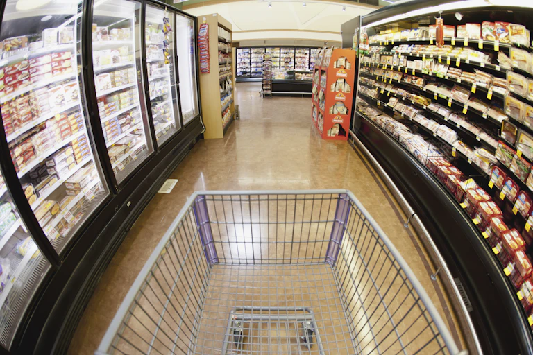 An empty shopping cart in an aisle in a supermarket.