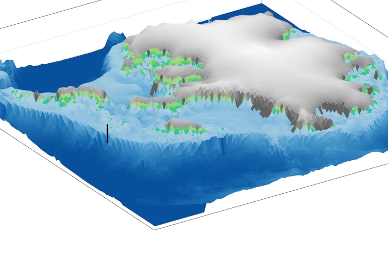 A graphic shows the outline of the modern area of the Antarctic continent, most of which is not covered by ice.
