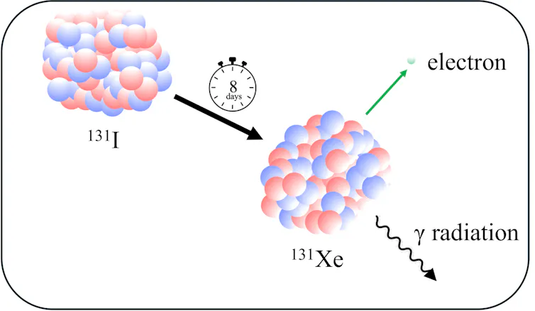 A diagram showing an atom of 131-Iodine, with an arrow to an atom of 131-Xenon, representing decay. Coming off the Xenon is an arrow denoting an electron, and a wavy arrow denoting radiation.