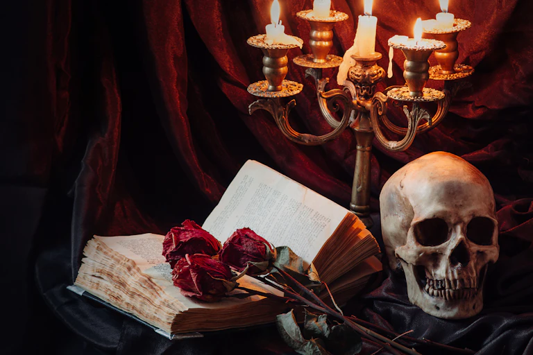 An open book is seen next to a skull and a set of candles lit against a maroon backdrop.