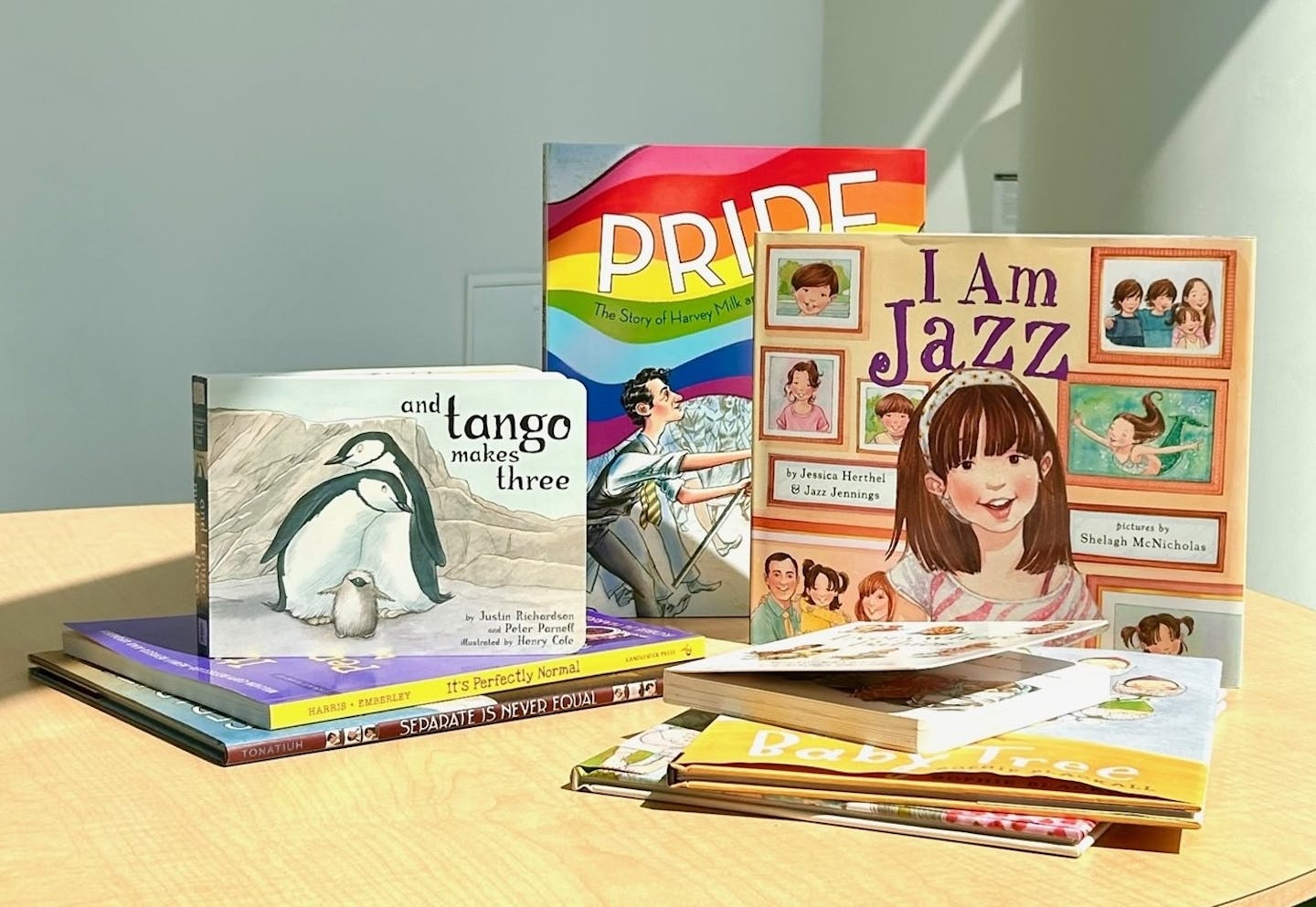Table showing picture books titled 'I Am Jazz,' 'Pride,' and 'and Tango Makes Three.'