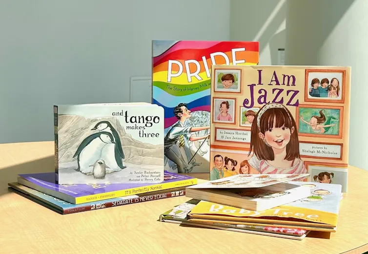 Table showing picture books titled 'I Am Jazz,' 'Pride,' and 'and Tango Makes Three.'