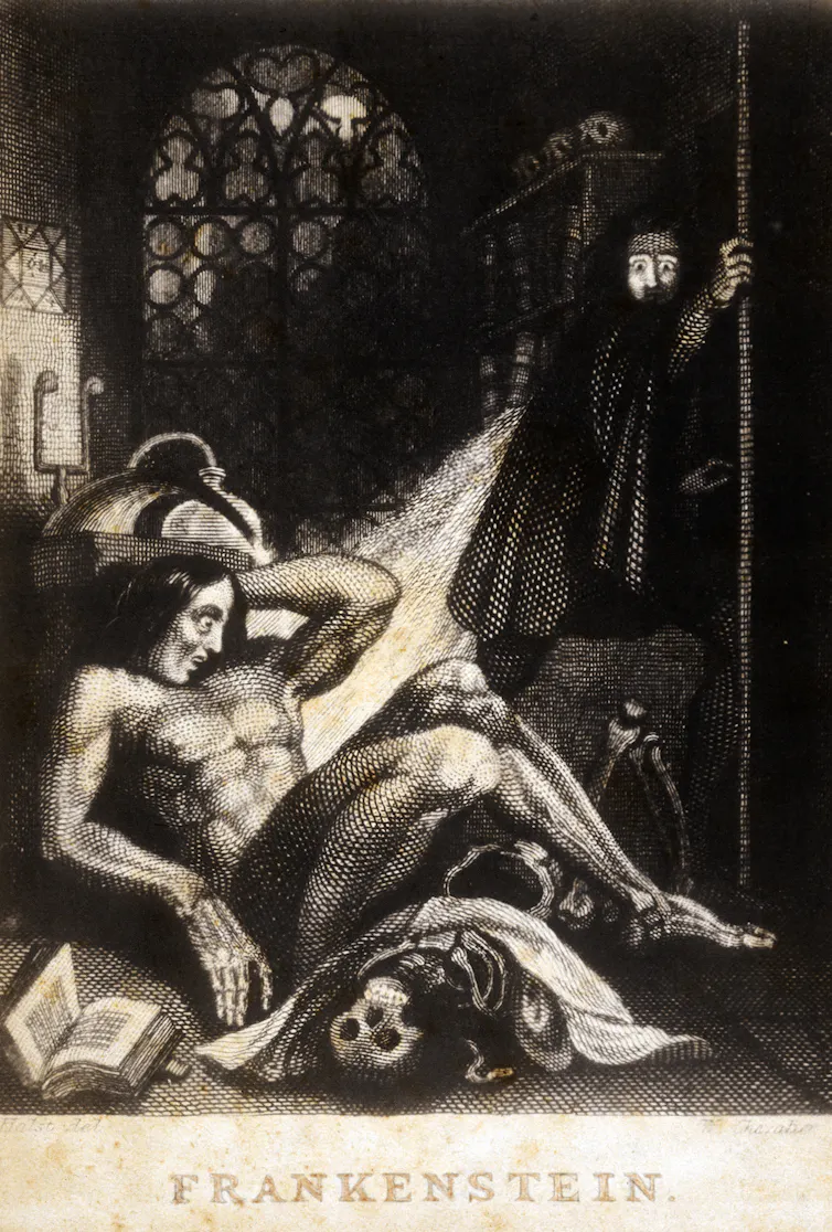 A black-and-white drawing shows a person with a wide expression in their eyes sitting on what seems to be a skull