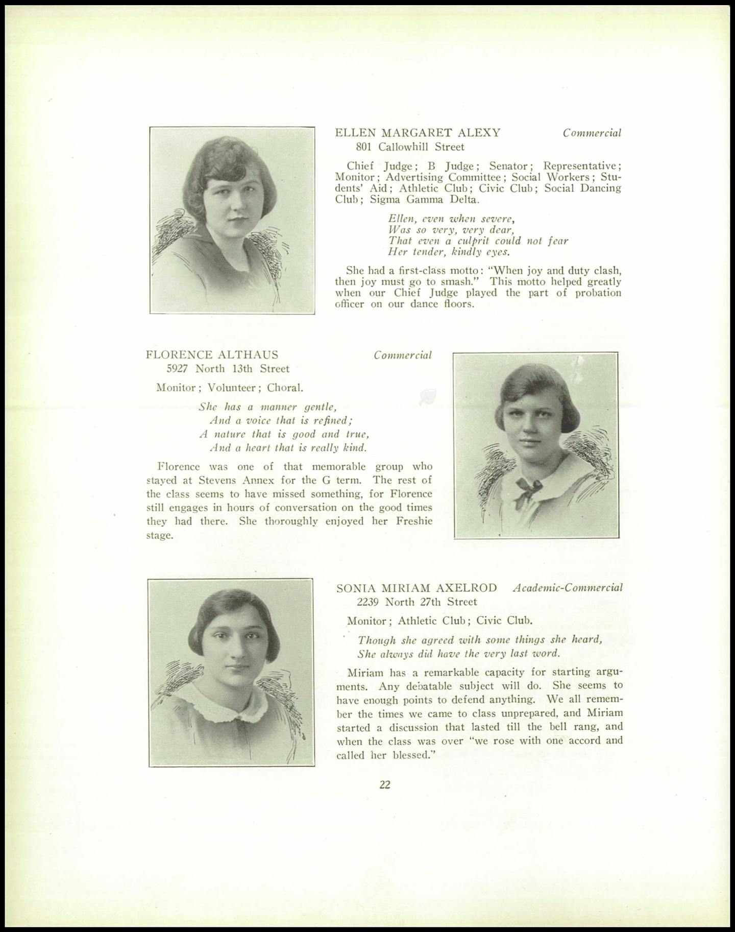 A page from a high school yearbook with photos of three young women