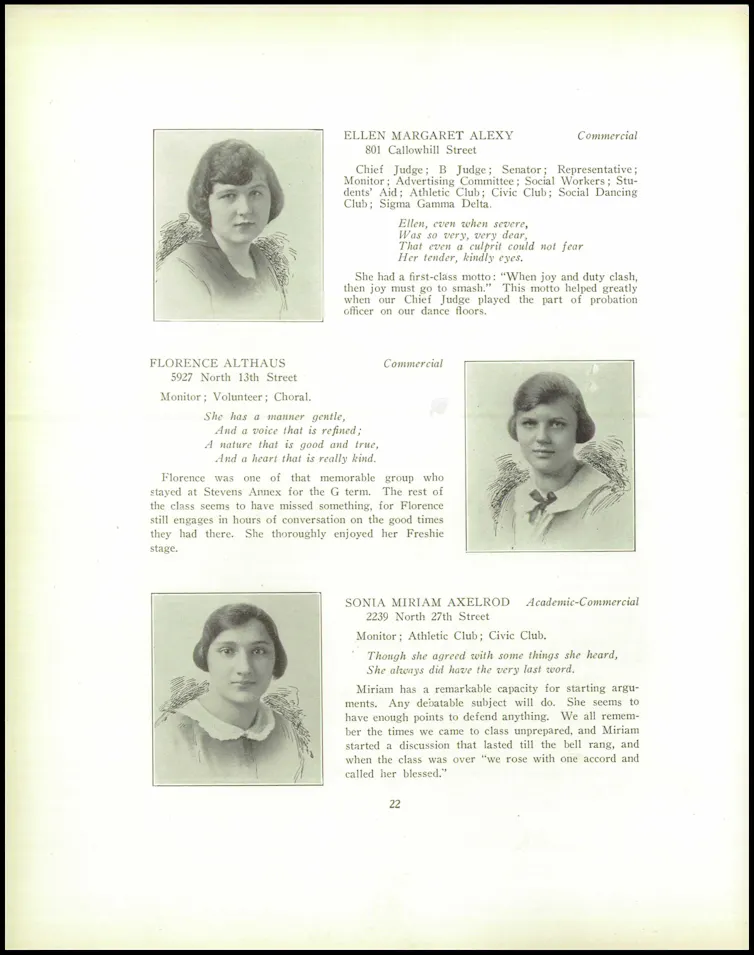 A page from a high school yearbook with photos of three young women