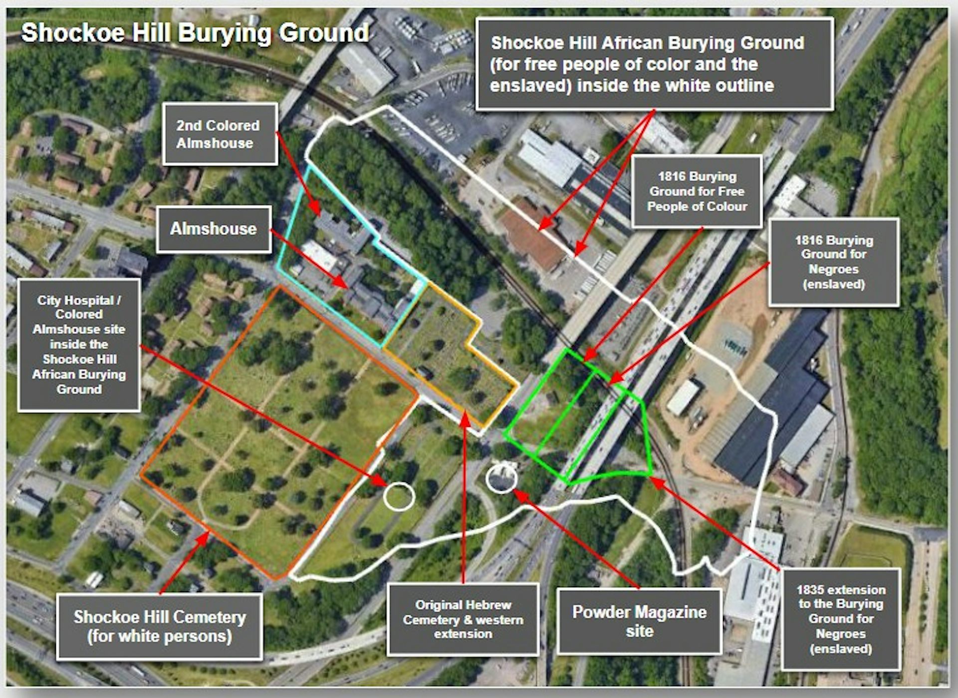 An annotated aerial map shows the Shockoe Hill Burying Ground and surrounding cemeteries, almshouses, and historic sites outlined and labeled.